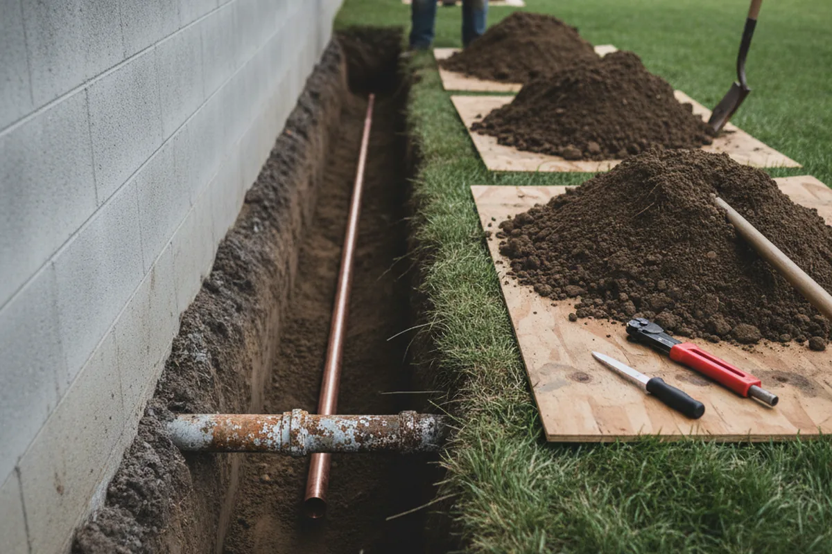 Excavated water line trench during Water Heater Repair in Newtonville